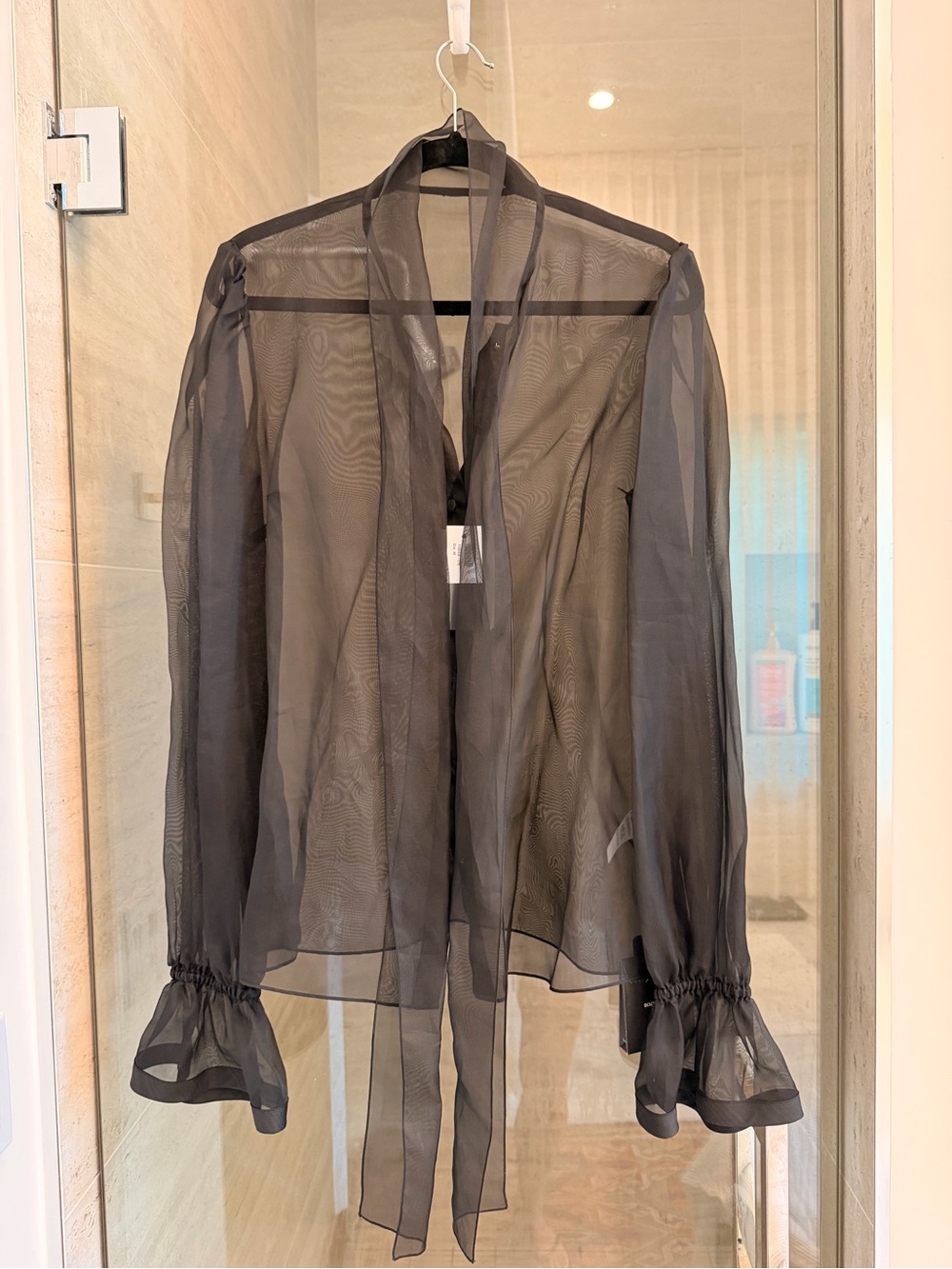 NWT Dolce & Gabbana 100% Silk Sheer Black Tie-Neck Blouse